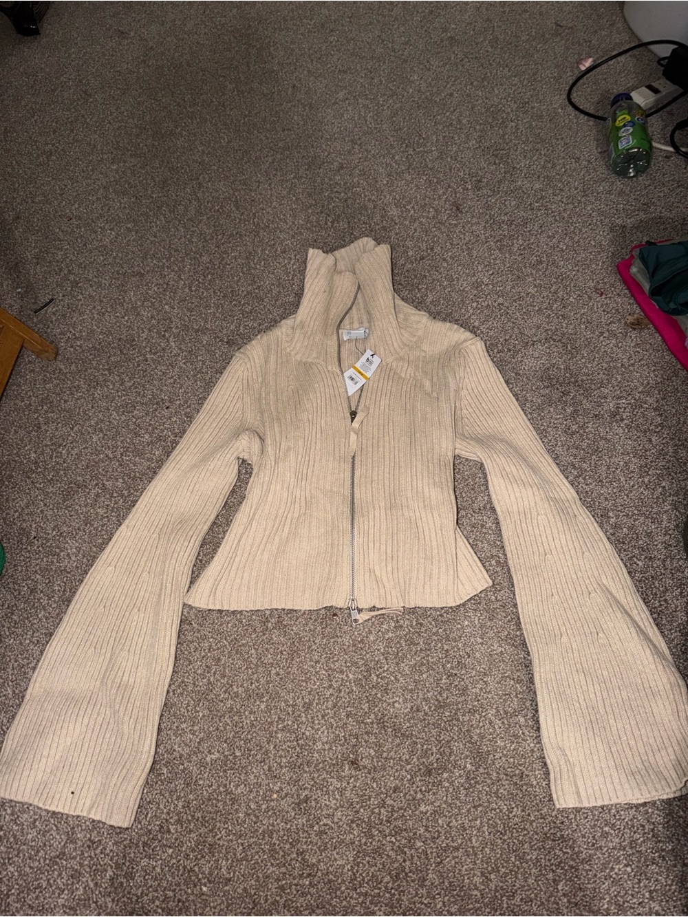 Cream Ribbed Zip-Up Sweater Jacket